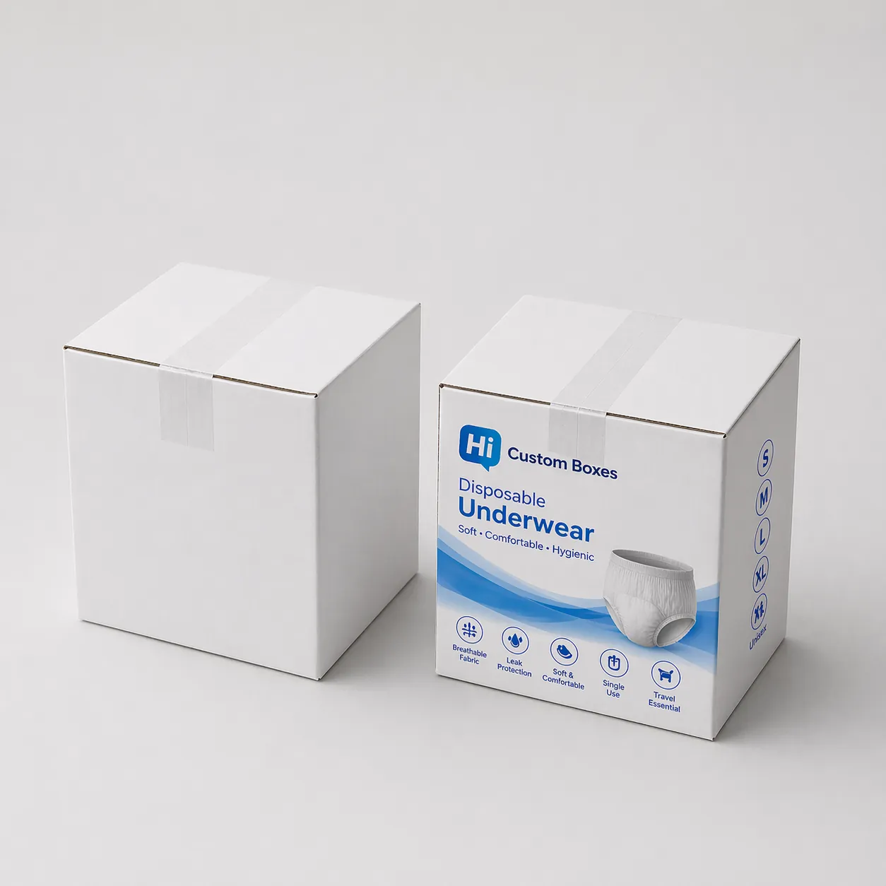 Two tall cardboard boxes, one blank and one decorated with purple flowers and brand information. class=